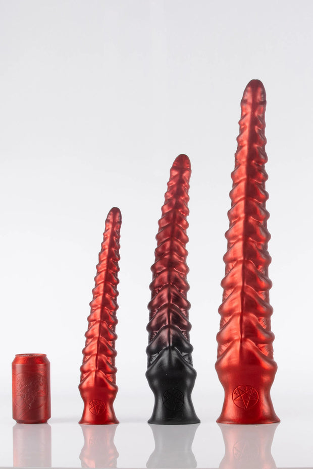 A size comparison of three tentacle dildos next to each other.