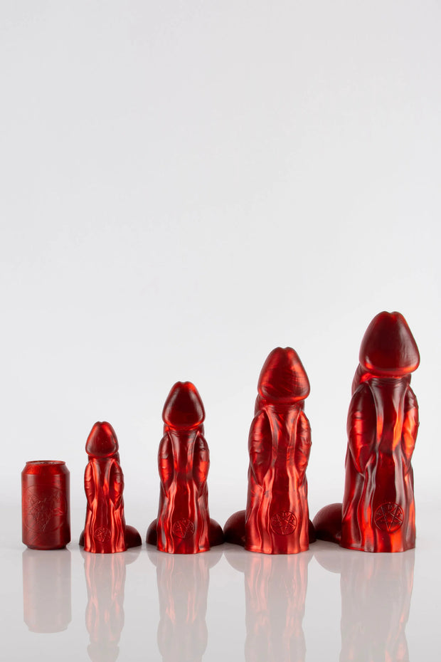 A size comparison photo of four bull dildos next to each other. 