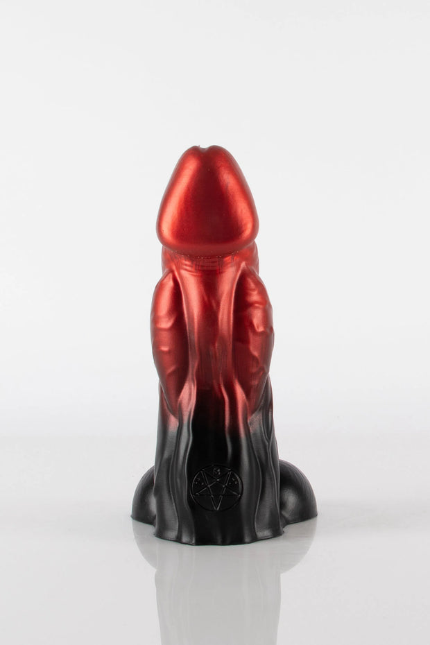 A product photo of a bull dildo taken from the back.