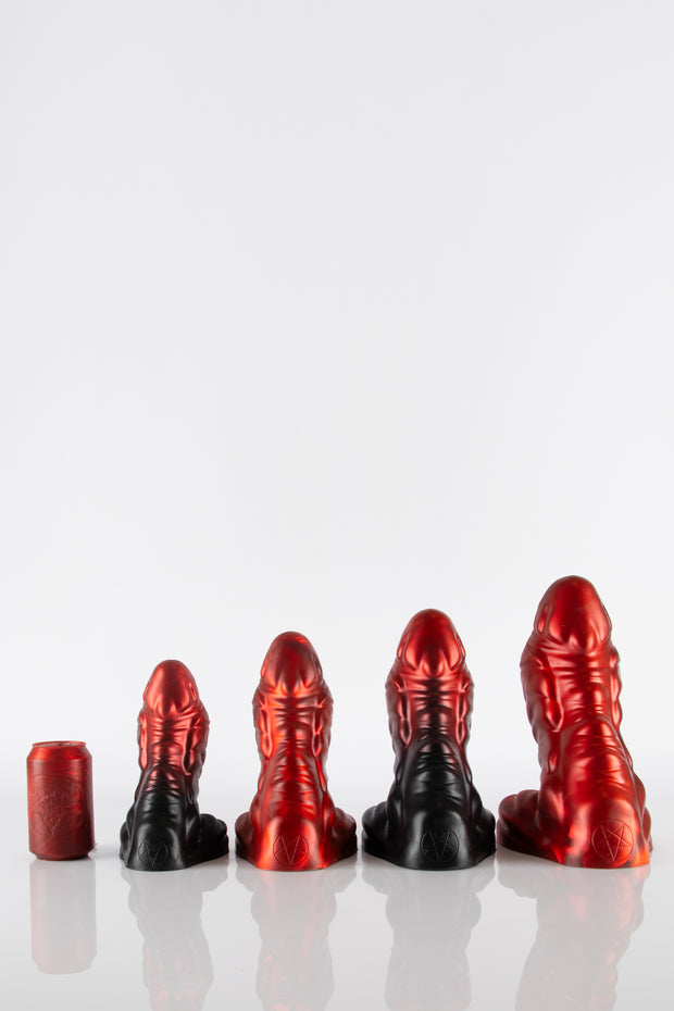 A size comparison photo of 4 dragon dildos lined up next to each other.