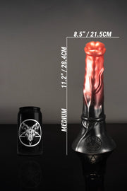 A size comparison photo of a medium-sized horse dildo next to a tin can.