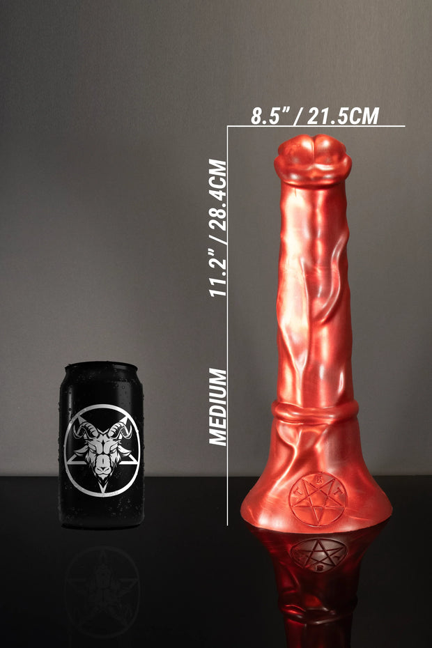 A size comparison photo for a medium-sized red horse dildo.