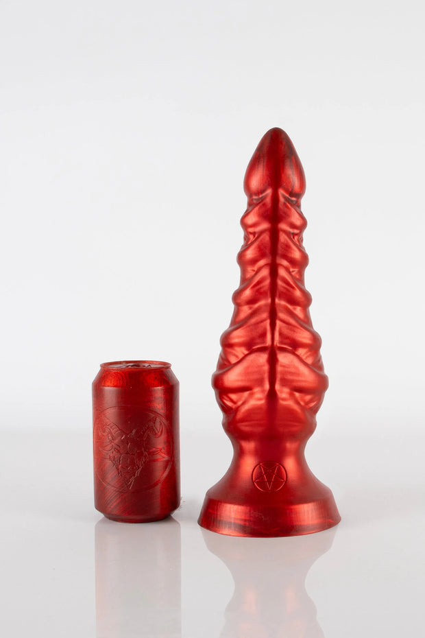 A product photo of a large tentacle demon butt plug in red.