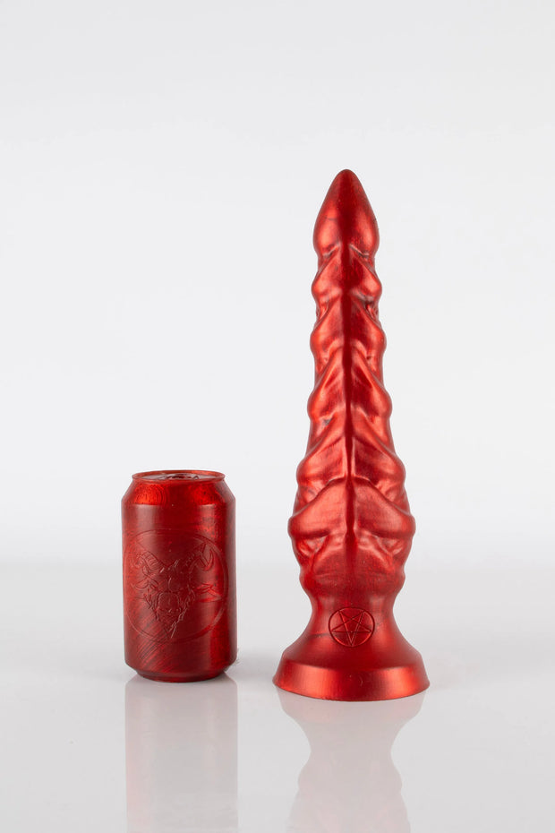 A product photo of a medium sized tentacle butt plug next to a can.