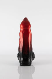 A ombre coloured demon dildo fading from black to red.