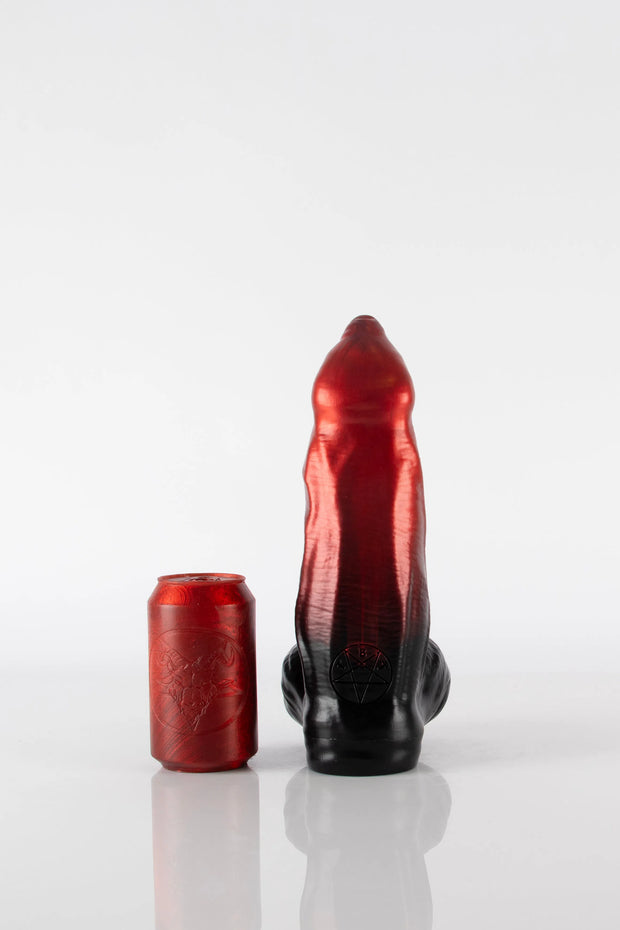 A product photo of a large Demon Dildo in ombre. 