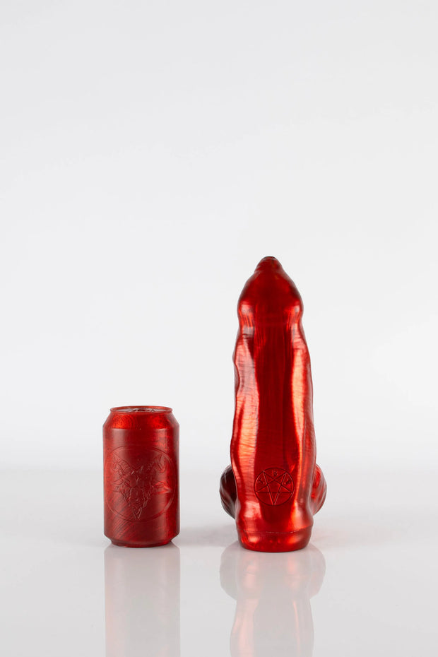 A product photo of a red medium-sized demon dildo.