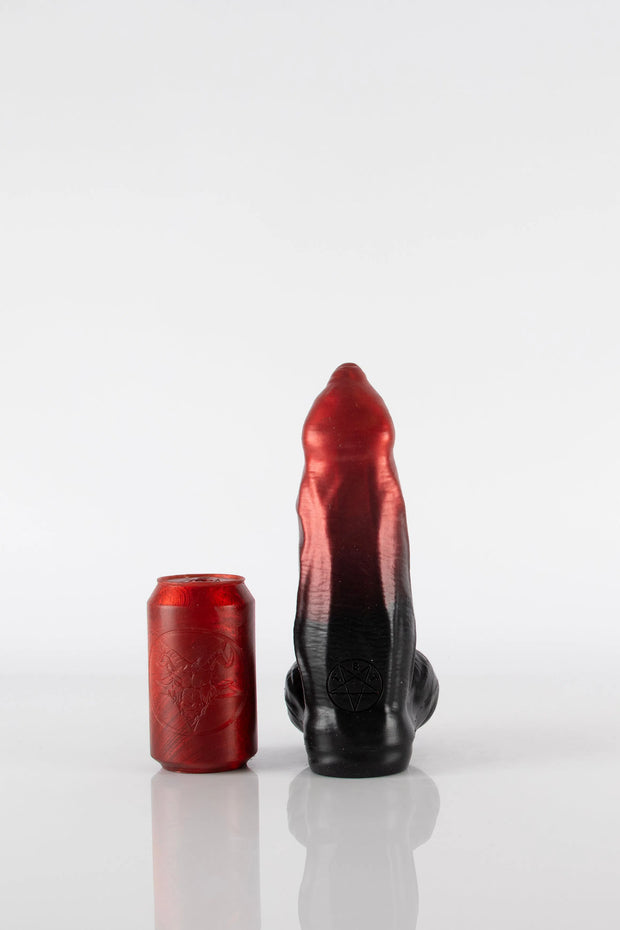 A product photo of a medium sized demon dildo in Ombre.