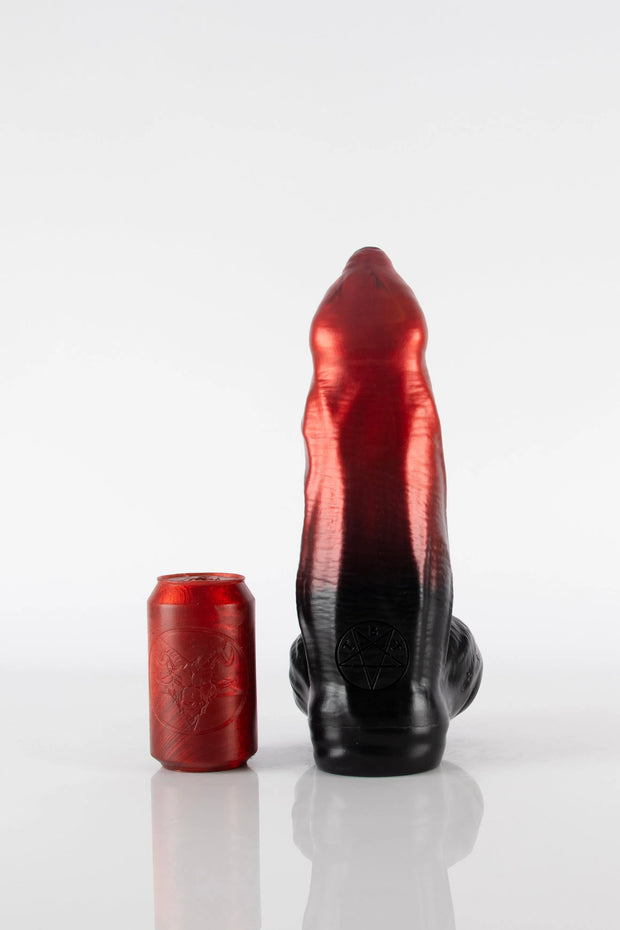 A product photo of a extra large (XL) demon dildo in a ombre colour.