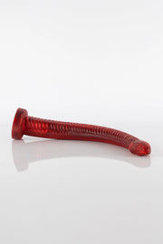 A product photo of a red snake dildo. 