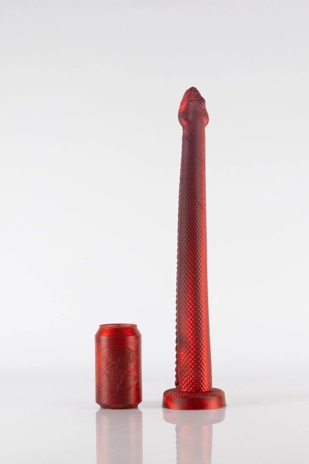 A product photo of a large red snake dildo.