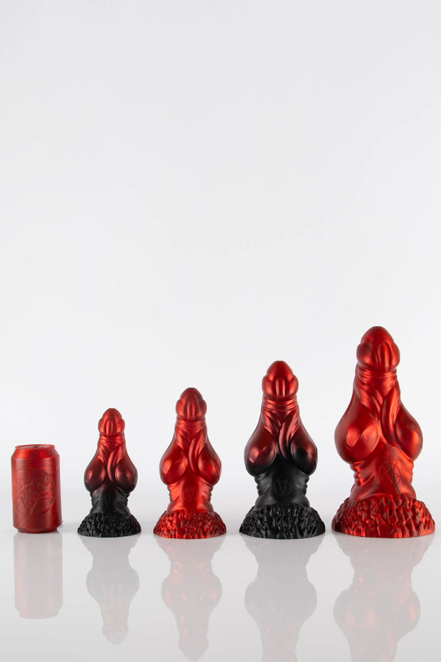 A size comparison photo of 4 different sizes of Uriens, the fox dildo.