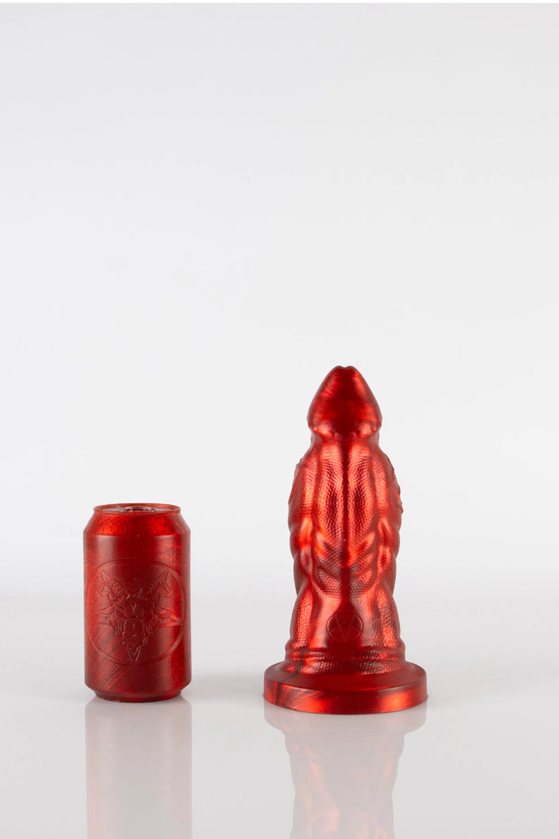 A product photo of a red, medium sized reptile dildo.